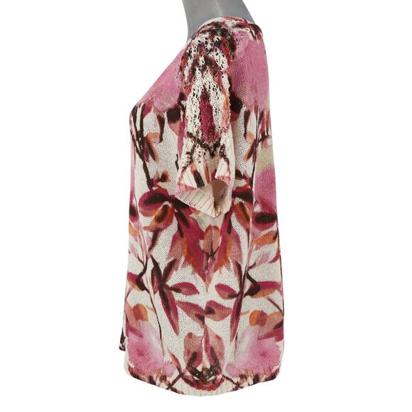 Chicos Sweater 2 Womens Large Ivory Pink Floral Cotton Knit Cap Sleeve Oversized - Picture 5 of 14